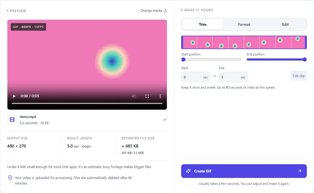 The Online GIF Maker editor showing a video preview, the trim handles and an estimated file size of about 789 KB