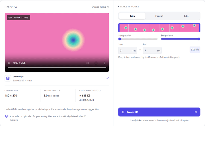 An animation cycling through the editor, the format settings, the finished result and the share panel