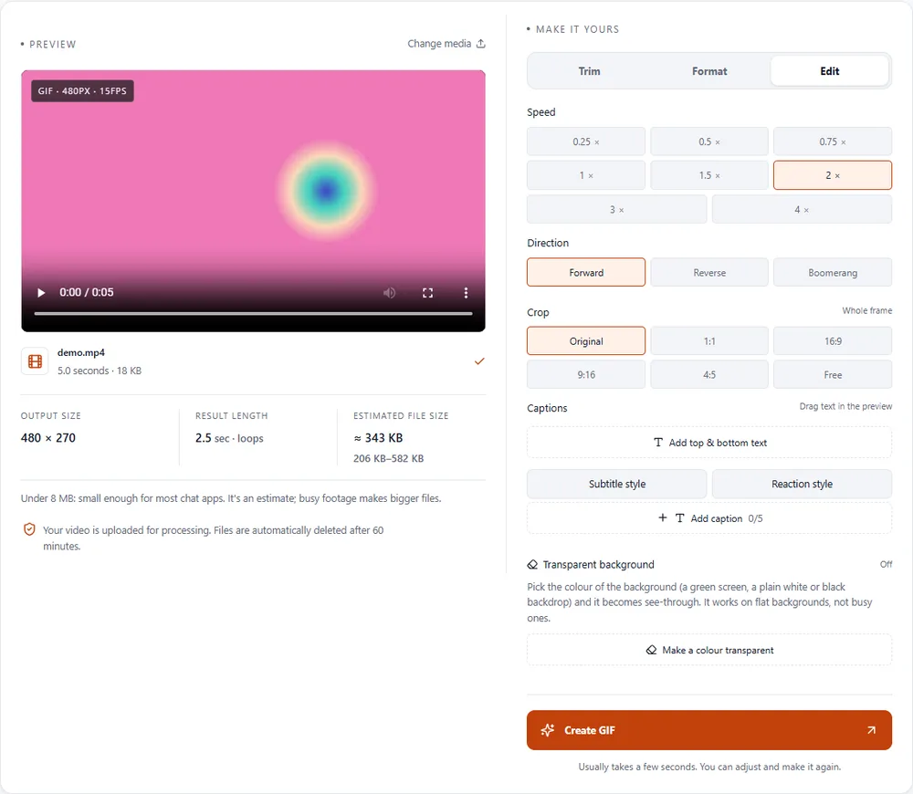 The Edit tab with speed buttons from 0.25 times to 4 times, direction and crop options